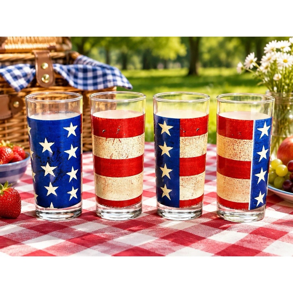 Warren Kimble Sakura Colonial 16 Oz Patriotic American Flag Glasses Set of 4 Vtg